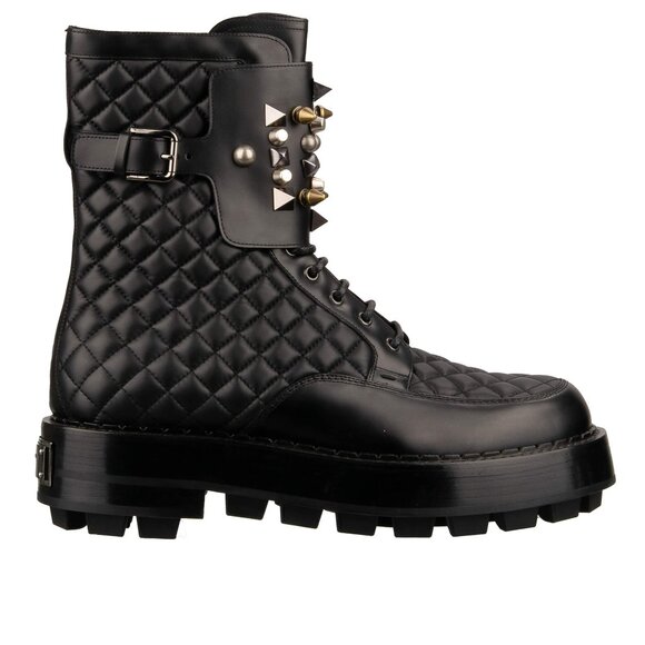 Dolce & Gabbana - Quilted Leather Biker Combat Boots with Logo and Studs Black 4 - Picture 1 of 5